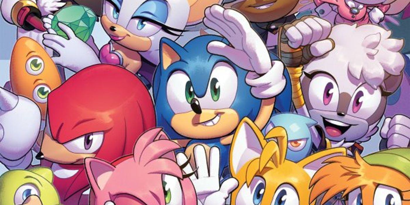 A Sonic the Hedgehog group photo that serves as the B variant cover of Sonic the Hedgehog #50 by artist Evan Stanley.