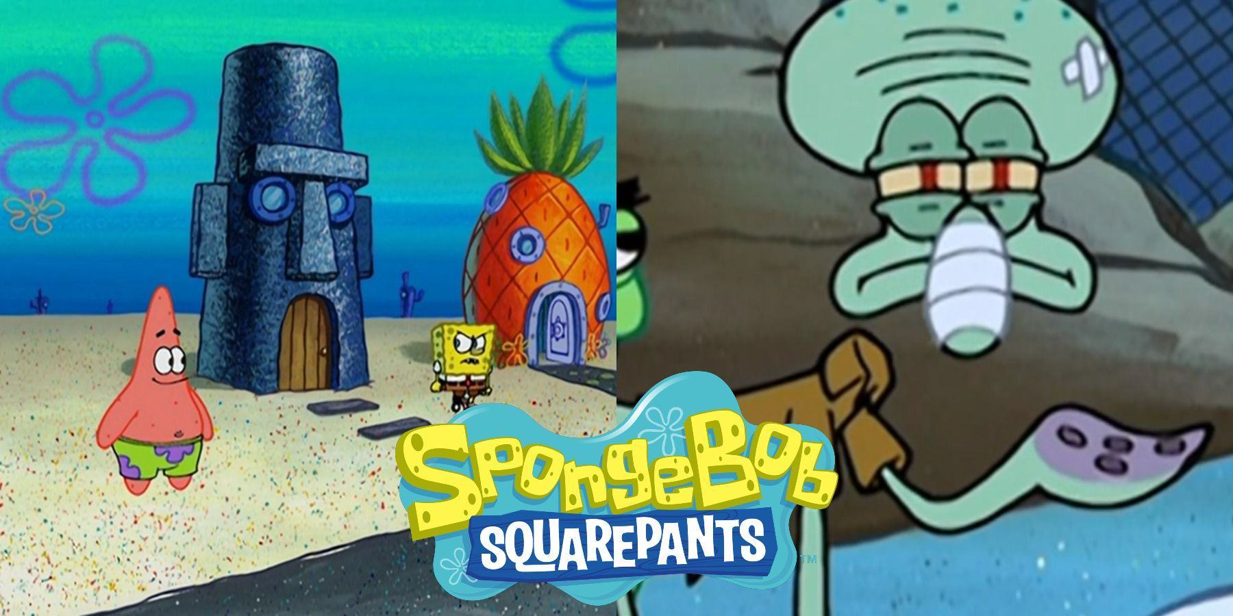 Split image of SpongeBob frustrated with Patrick and Squidward missing his neck in SpongeBob SquarePants