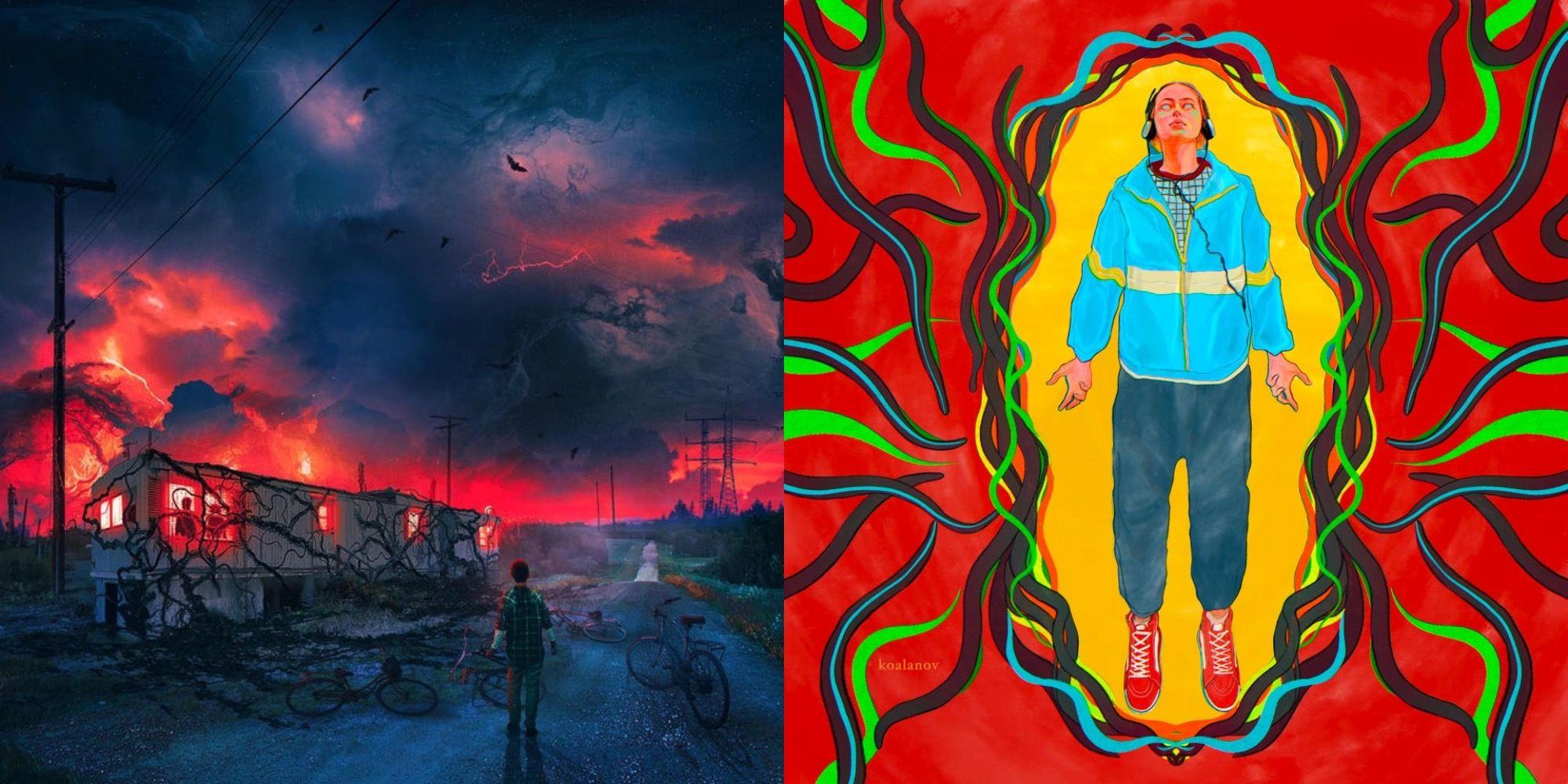 Stranger Things season 4 fan art of max floating and eleven in the upside down