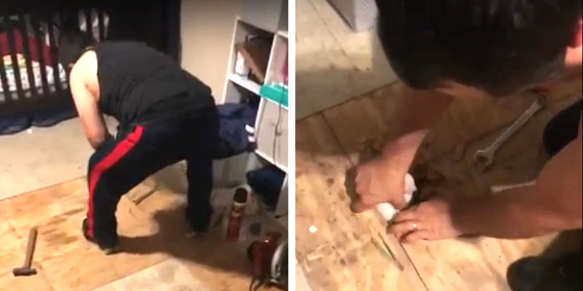 The man broke the floor of the house to save the kitten from dying in the flood water