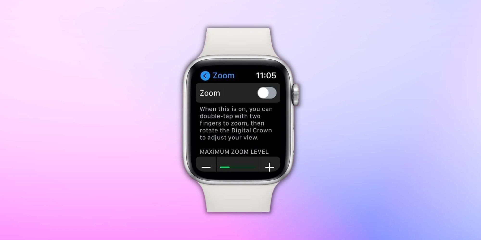 Image of an Apple Watch with the Zoom Accessibility feature on the screen on a gradient background