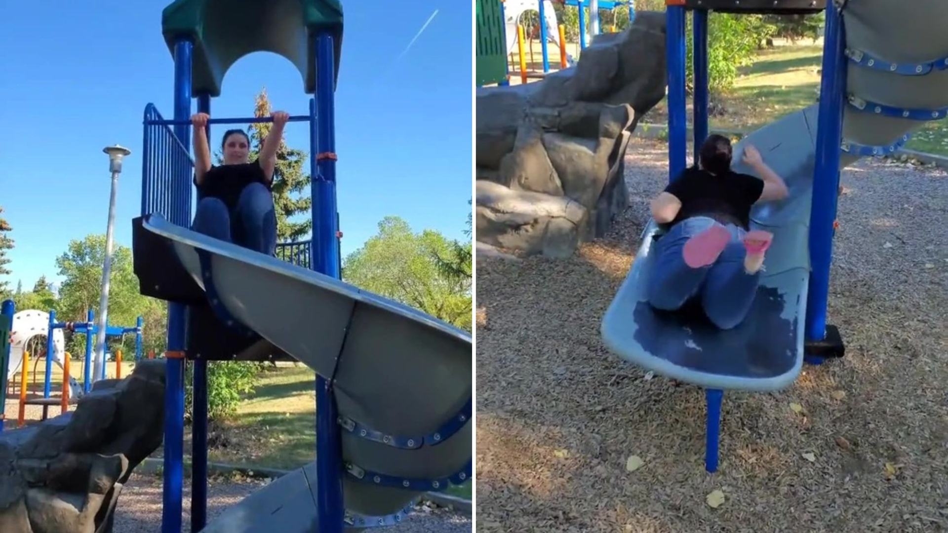 Woman creates an optical illusion when coming down a kids’ slide and it’s left people bemused