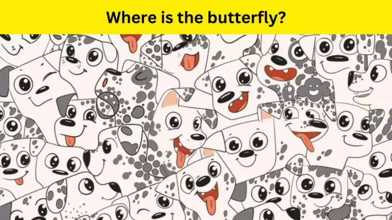 A butterfly crept into the dalmatians.  Can you spot it within 8 seconds?