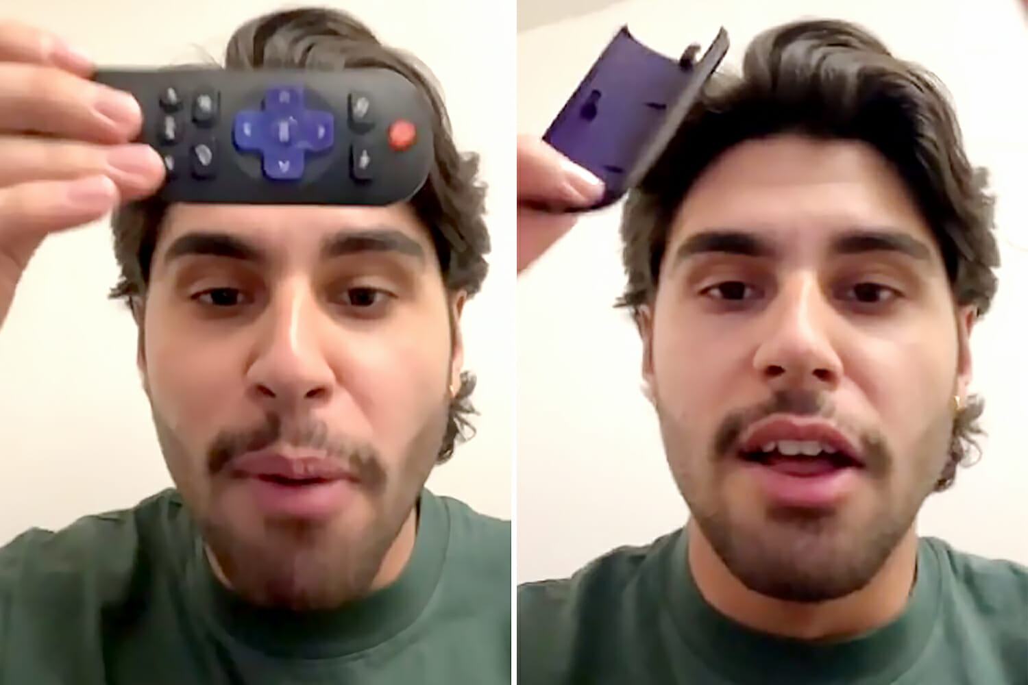 Curious man questions if his TV remote control is black or purple - what color do you see?