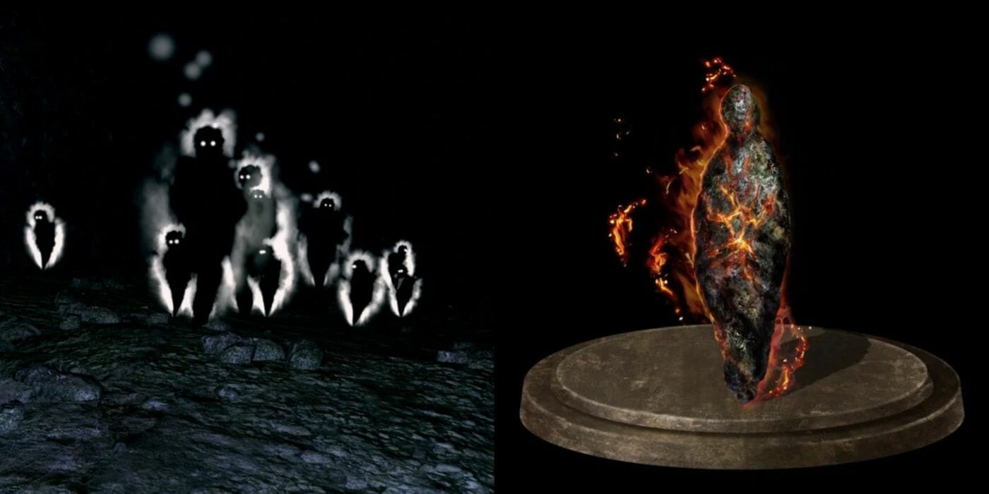 Split image of a group of Humanity phantoms in Dark Souls and an Ember in III.