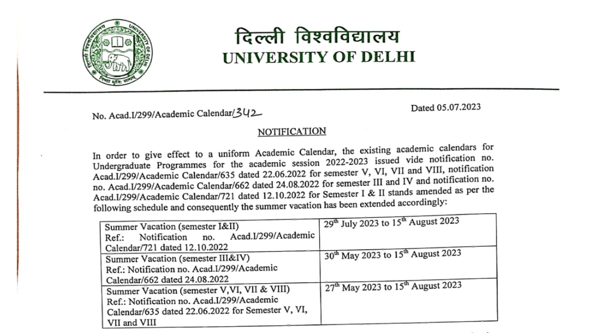 Delhi University Academic Calendar 2023-24