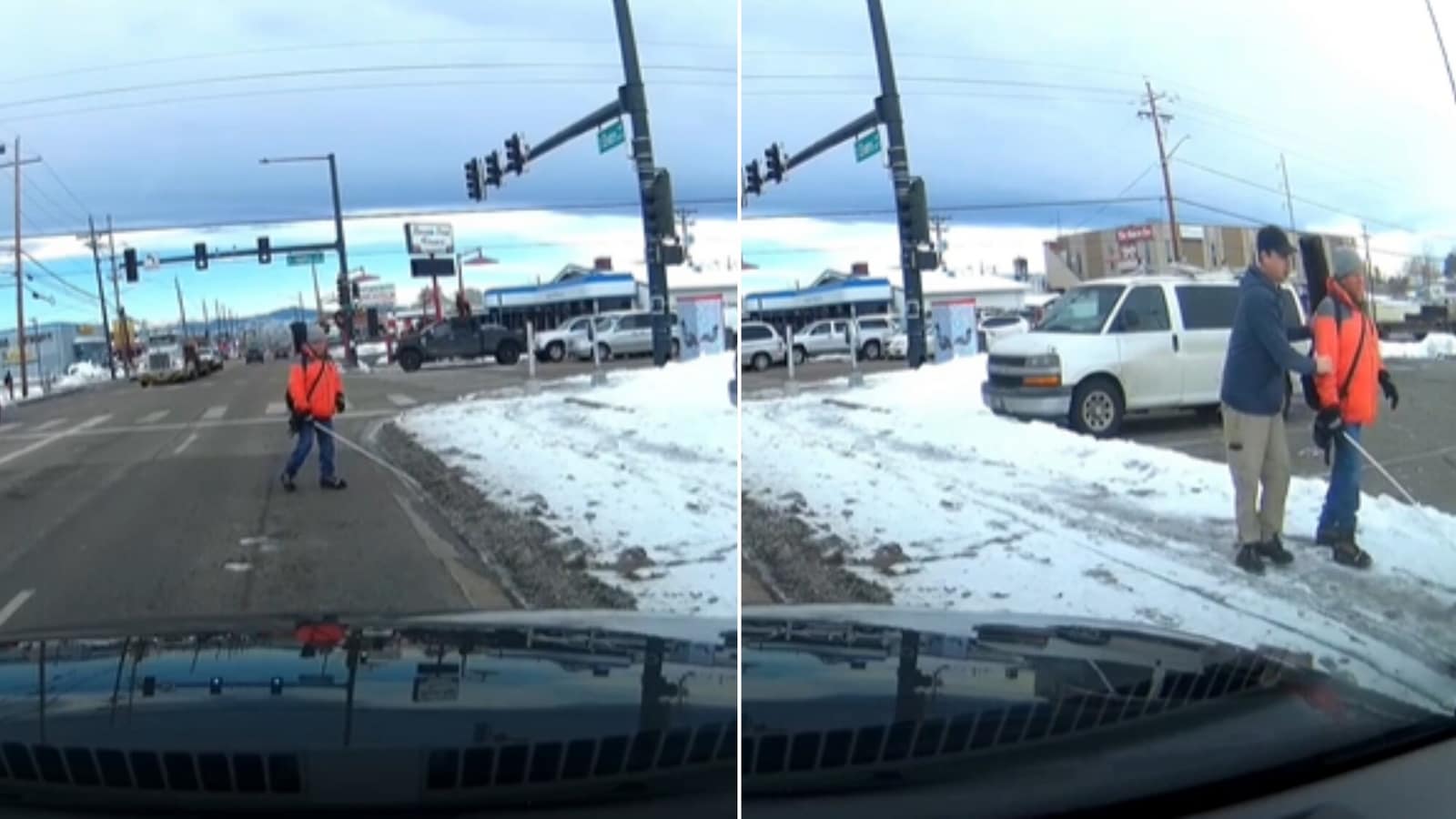 Driver stops car to help visually impaired man as he walks into oncoming traffic