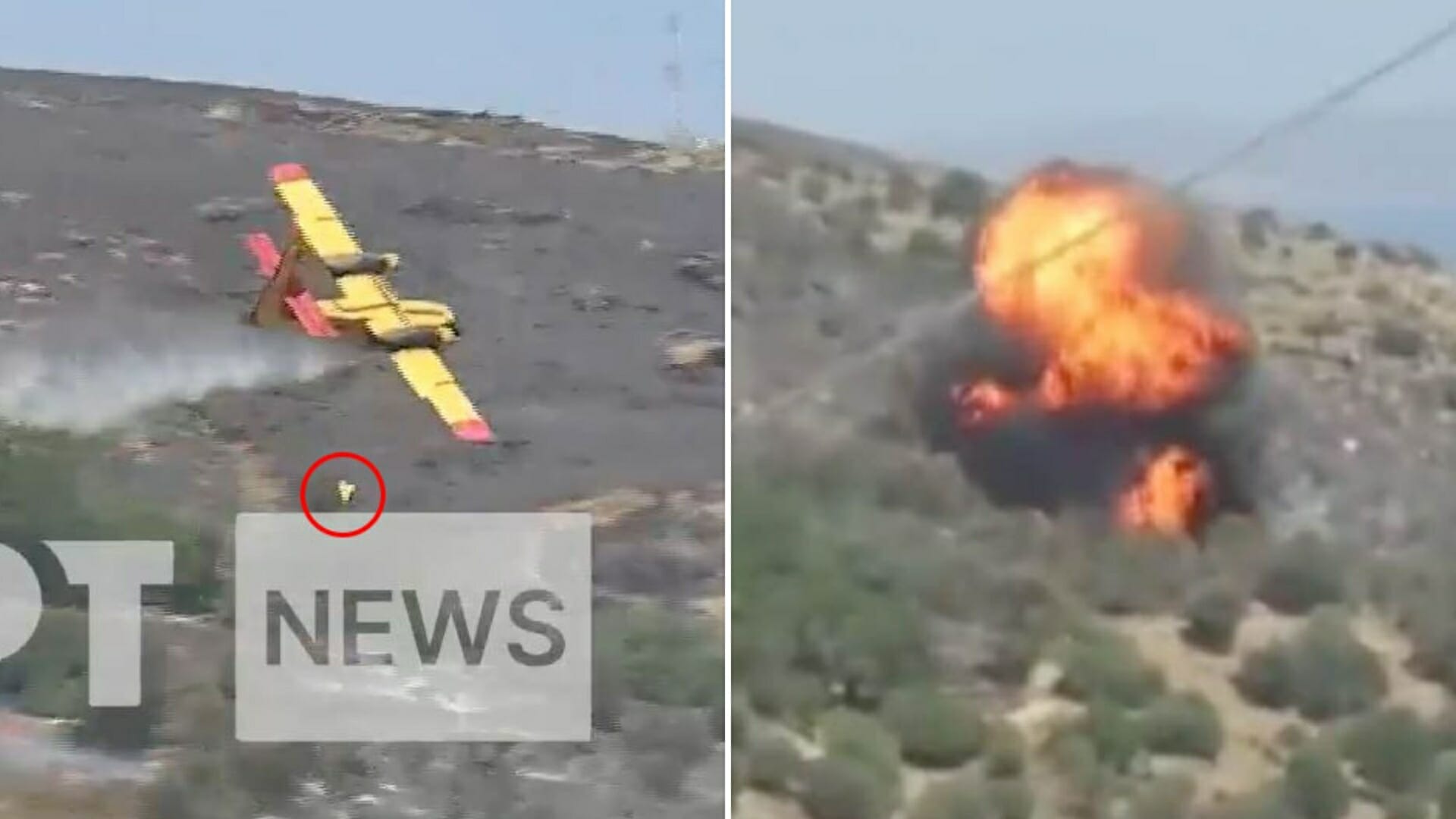 Firefighting plane crashes while dousing blaze on Greek island as horror footage shows it clip tree and plunge into hill