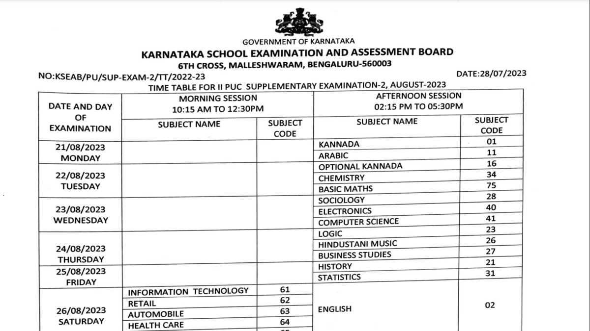 Karnataka 2nd PUC supplementary exam dates 2023