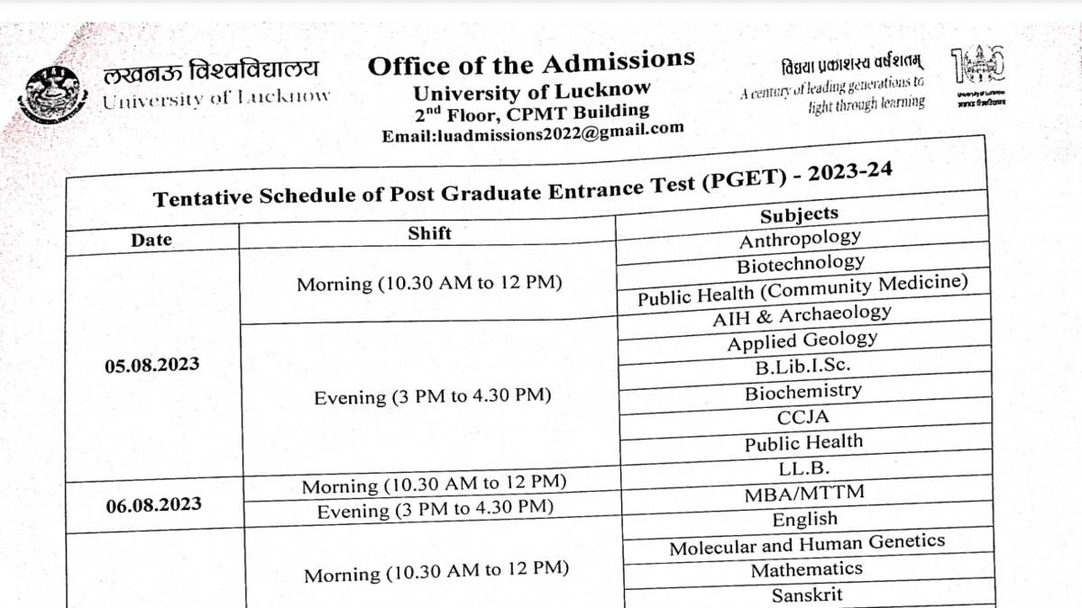 Lucknow University PGET exam dates 2023