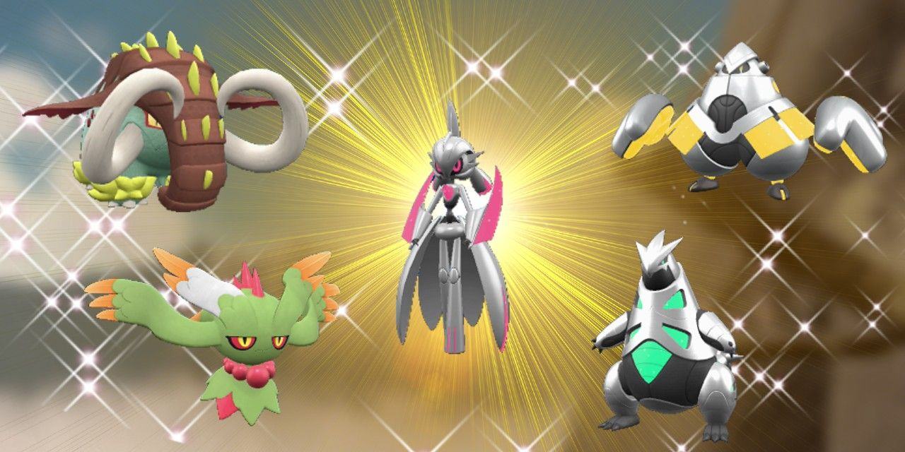 Pokémon Scarlet and Violet's Shiny Paradox Pokémon; to the upper right corner there is Shiny Iron Hands, while the lower right corner hosts Shiny Iron Thorns. To the upper left corner, there is a Shiny Great Tusk, while the lower left corner features a Shiny Flutter Mane. In the middle, there is a Shiny Iron Valiant. Behind them all is a strong yellow light and a sparkling effect.