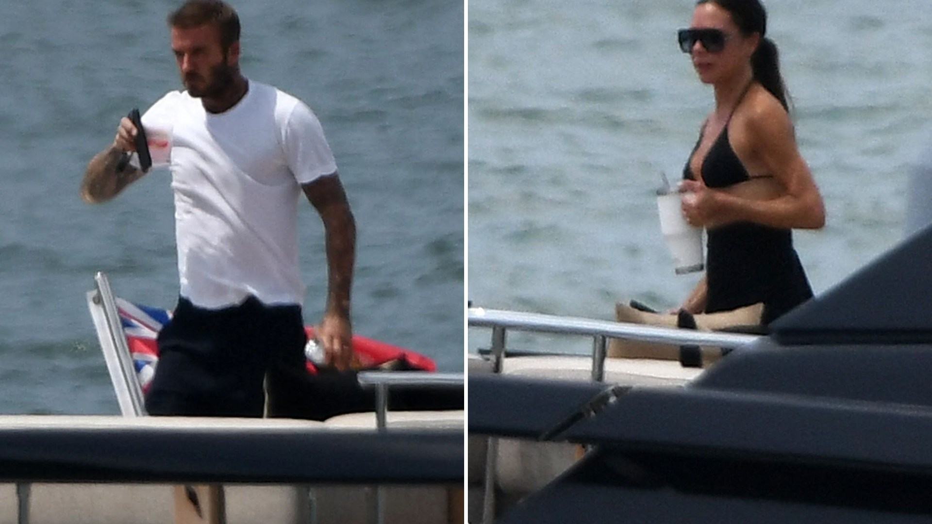 Victoria Beckham stuns in a black bikini as she and David relax on £5m yacht after 'huge fallout with Harry and Meghan'