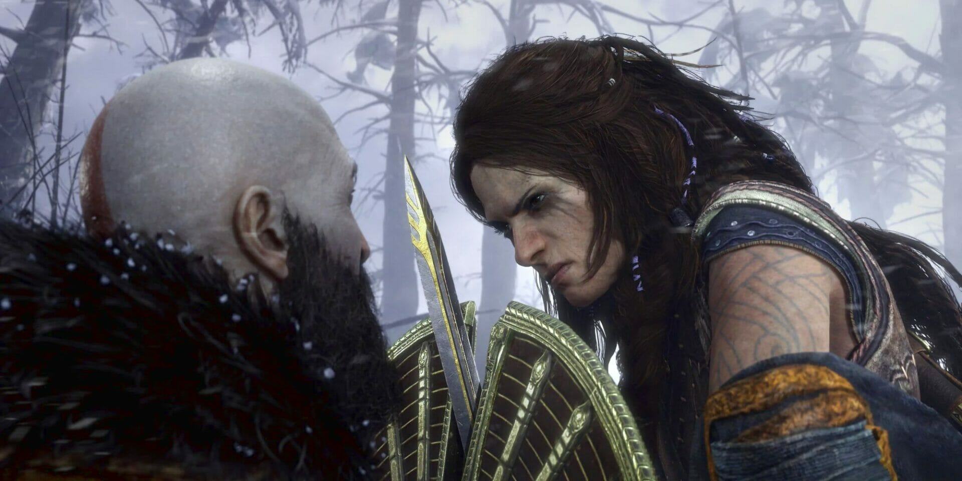 Gameplay screenshot from God of War Ragnarok, where Kratos and Freya stare at each other menacingly.