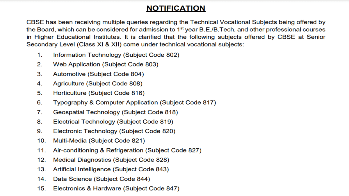 CBSE Technical Vocational Subjects Releases for classes 11, 12 students