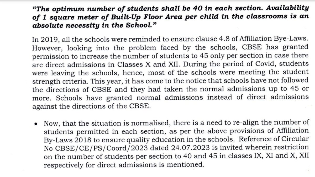 CBSE directs schools to realign student strength to 40 per section