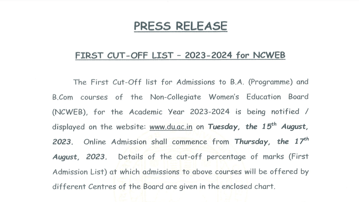 DU NCWEB 1st Cut-off 2023 Releases at du.ac.in