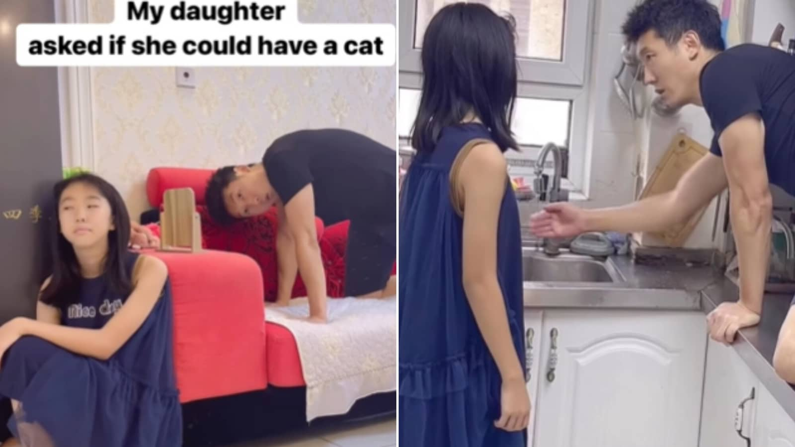 Dad imitates cat to show his daughter what to expect when getting a kitty