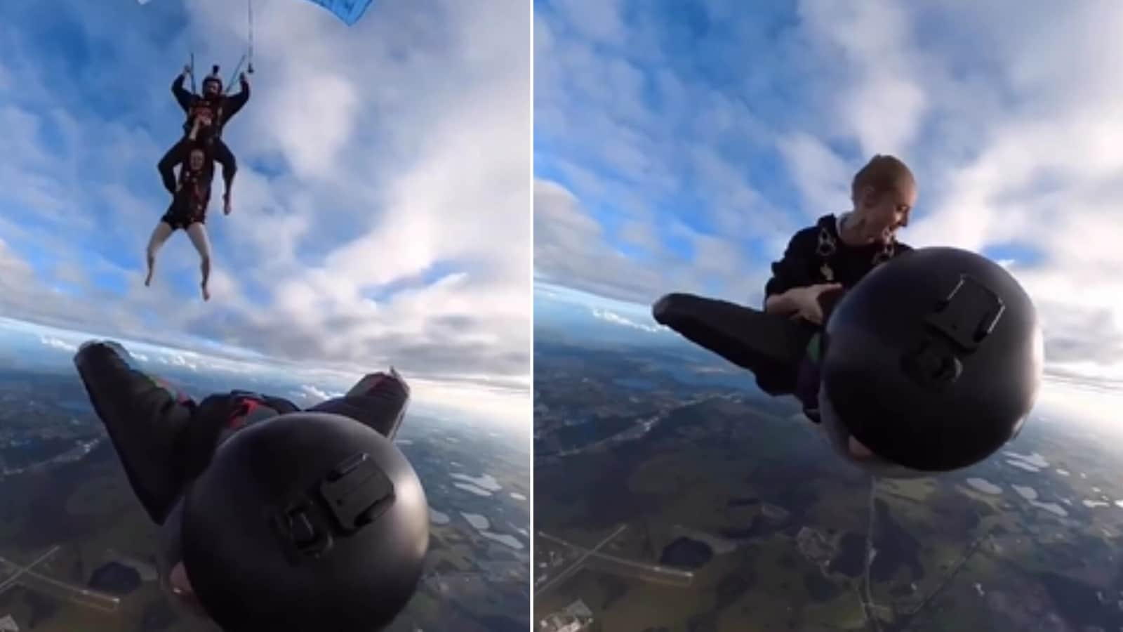 Daredevil skydiver jumps on another skydiver mid-air for stunt. Watch