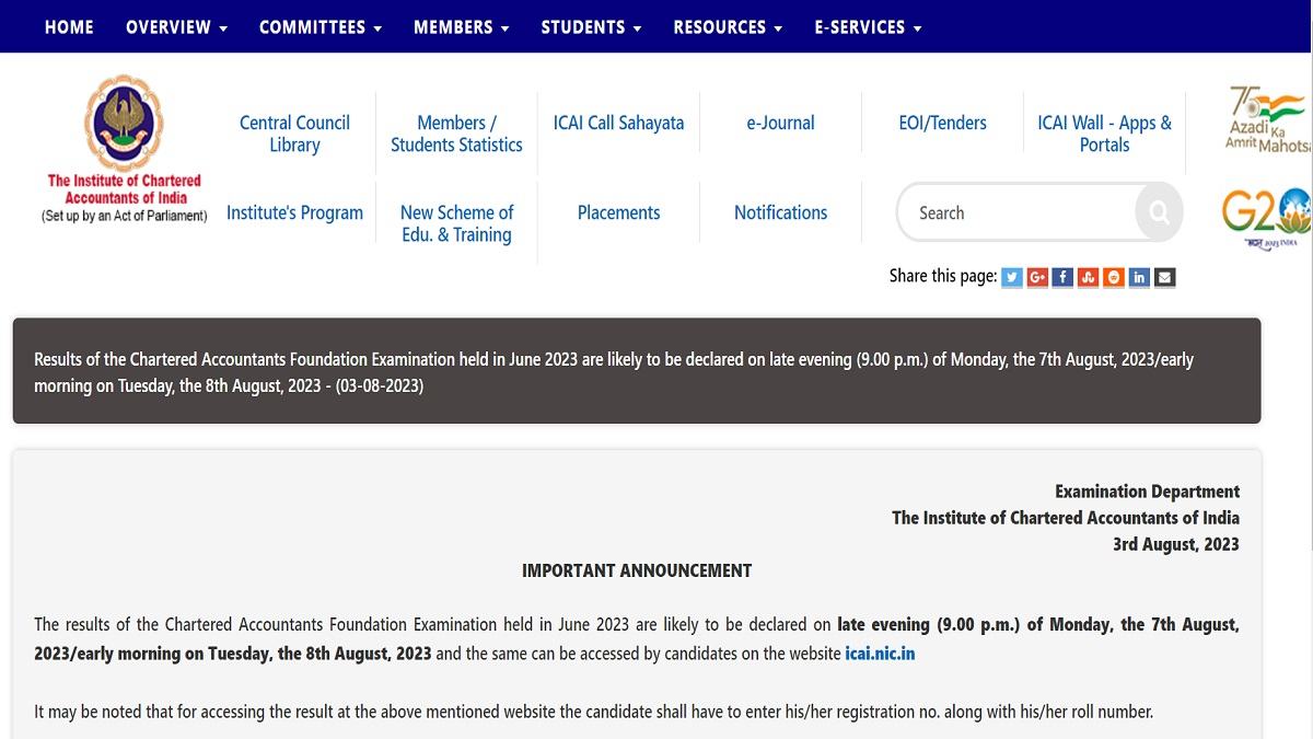 ICAI CA Foundation Result at 9 PM today