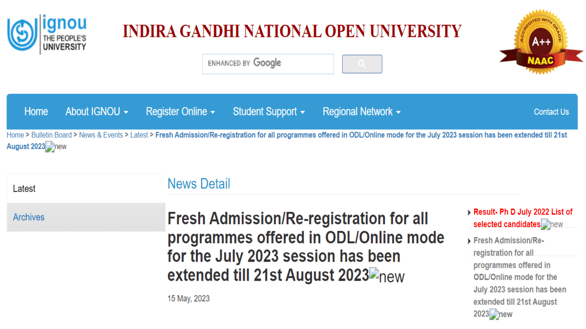 IGNOU admission, re-registration 2023 date extended again