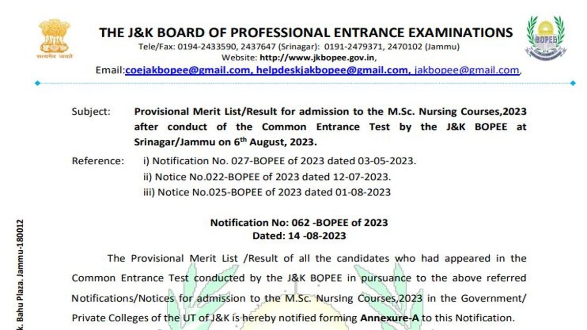 JKBOPEE MSc Nursing Provisional Merit List 2023 Released