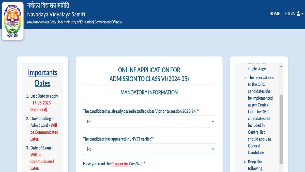 JNVST Class 6 Application Date Extended