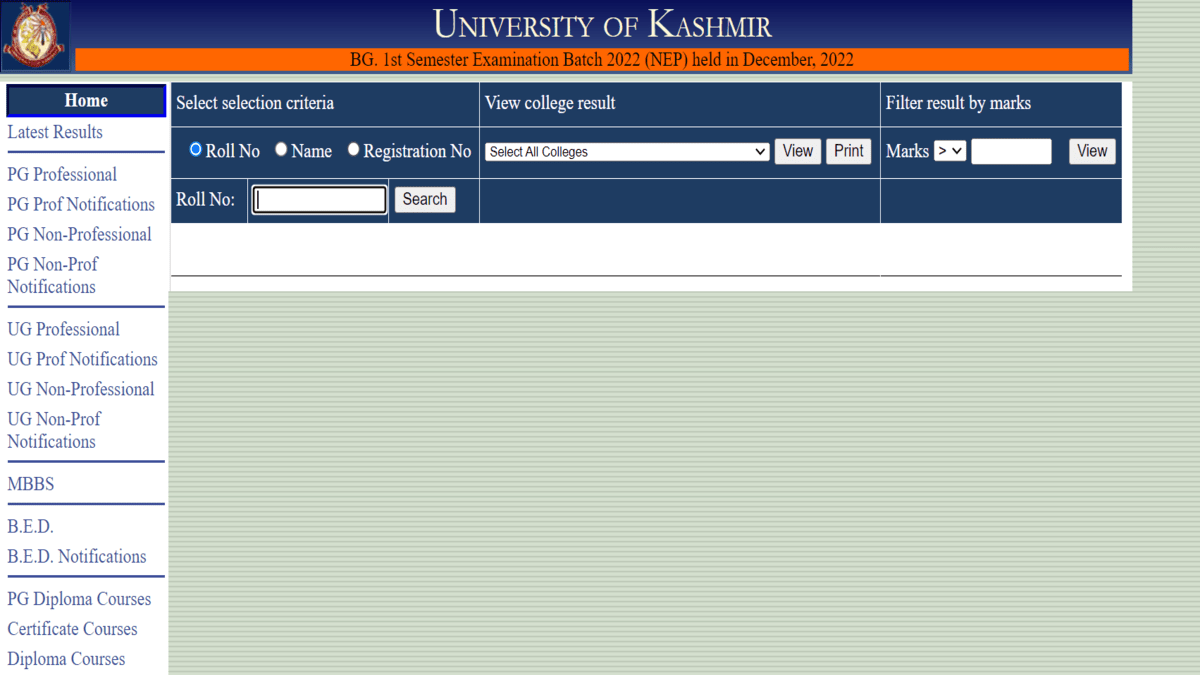 Kashmir University 1st semester 2022 Result