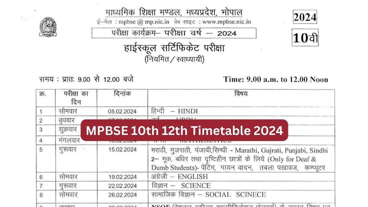 MP Board Timetable 2024 Released Exams from February 5