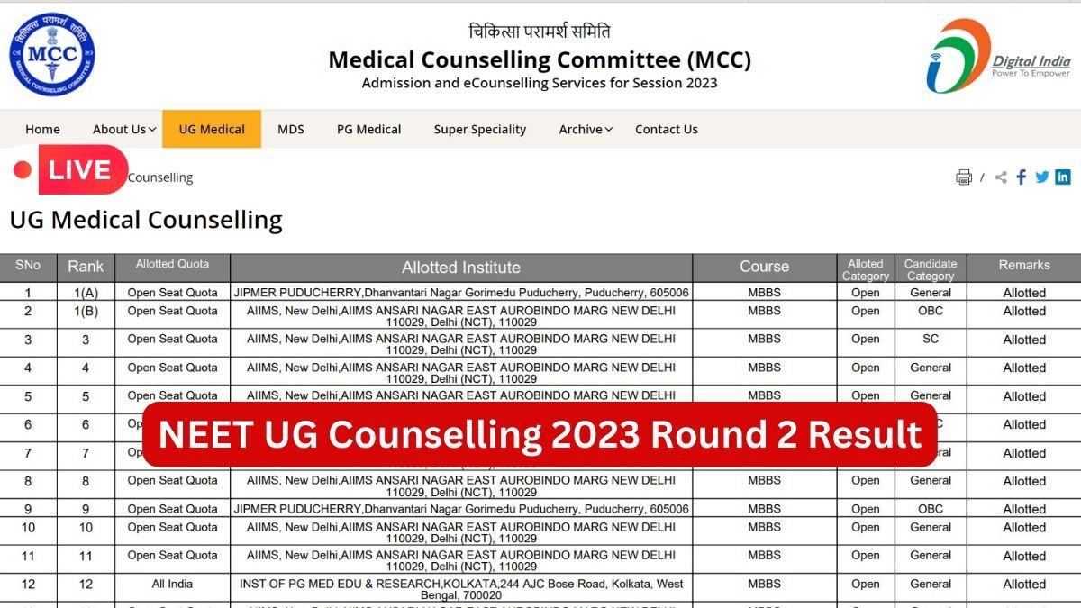 NEET UG 2023 Seat Allotment Live Updates: Round 2 Allotment List Today at mcc.nic.in