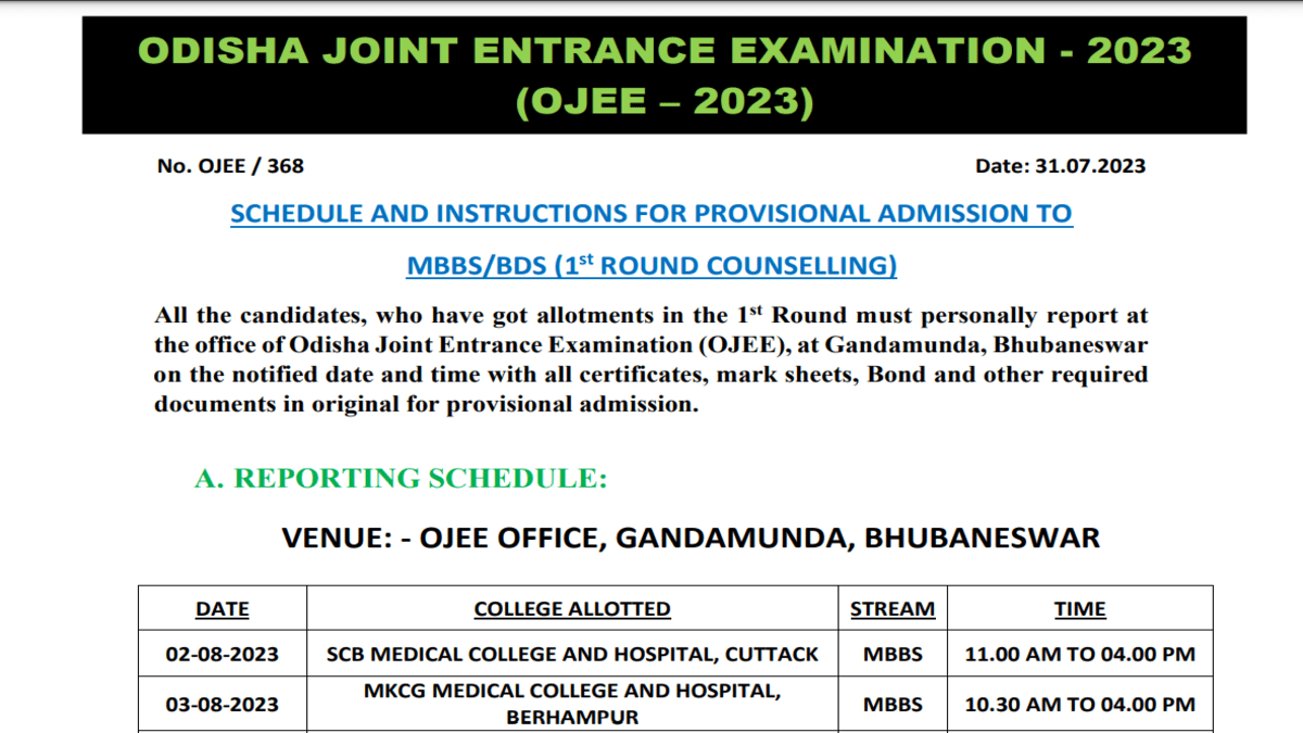 Odisha NEET Counselling 2023 provisional admission schedule