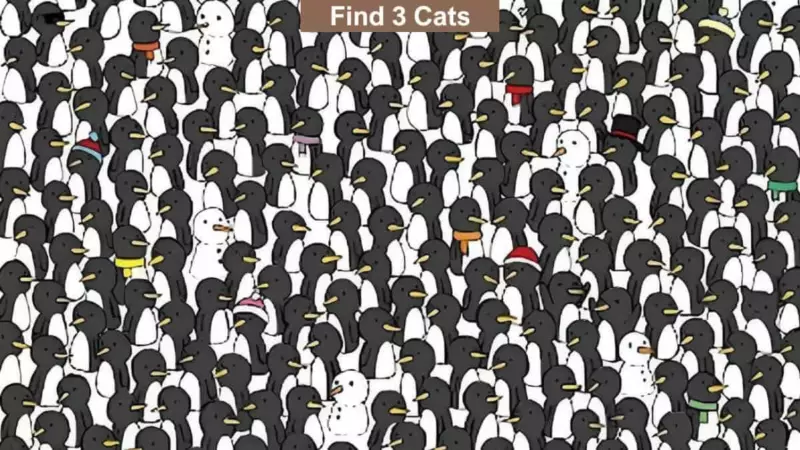 Optical Illusion to Test Your Vision: There are three cats among the penguins in this picture, and only the sharpest eyes can spot them in 10 seconds. Test your observation skills now!