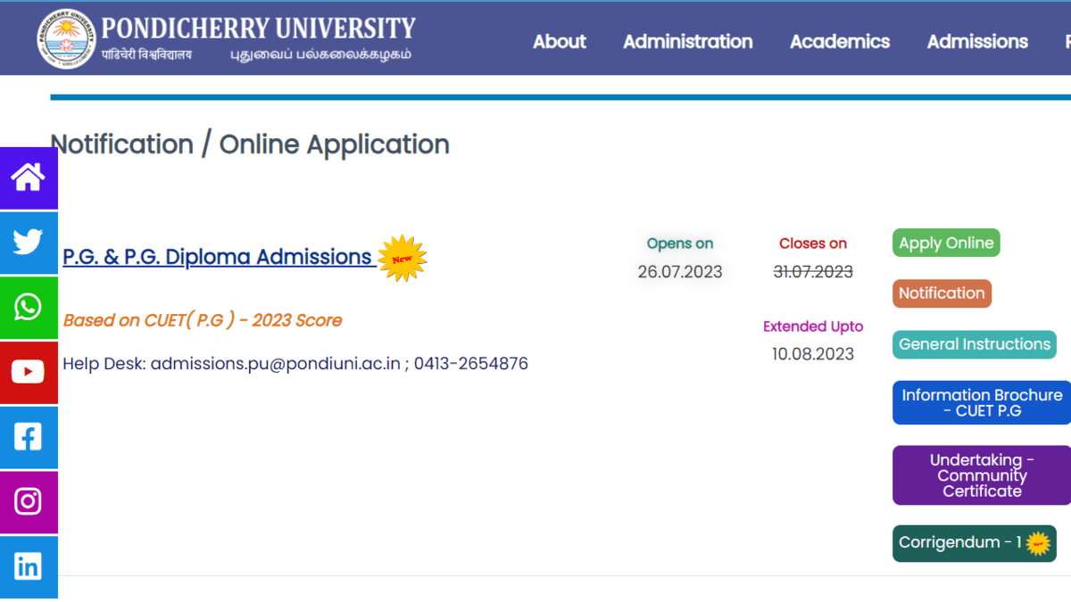 Pondicherry University PG Admission Registration 2023