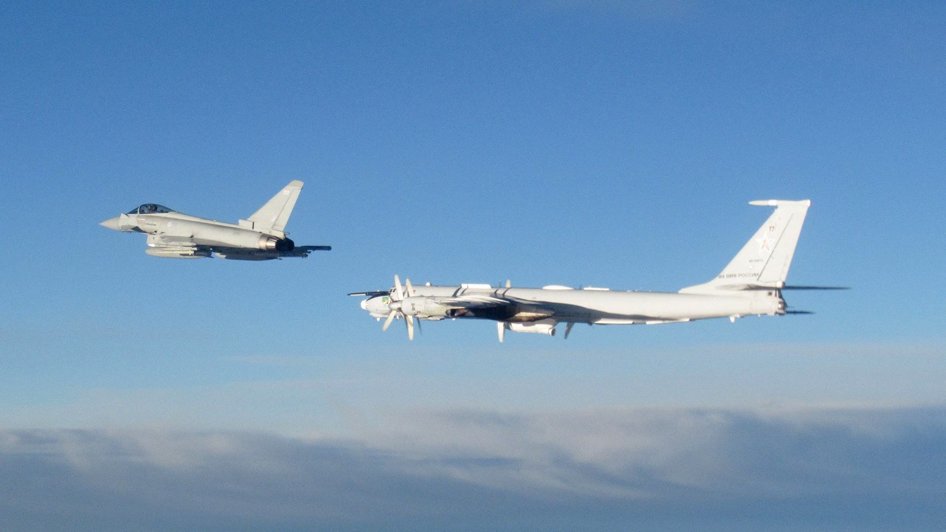 RAF Typhoons scramble to intercept two Russian ‘Bear’ bombers after they threatened UK airspace in brazen swoop