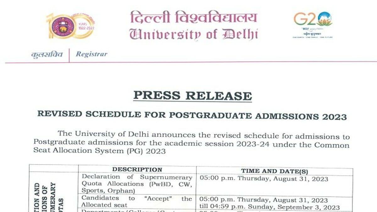 DU PG Admissions 2023 Revised Schedule