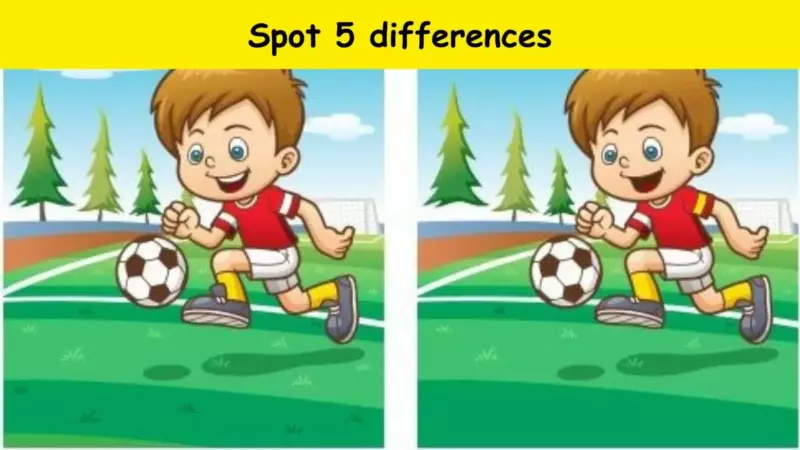 There are 5 differences between the two pictures where a boy is playing soccer. Can you find them all in 25 seconds?