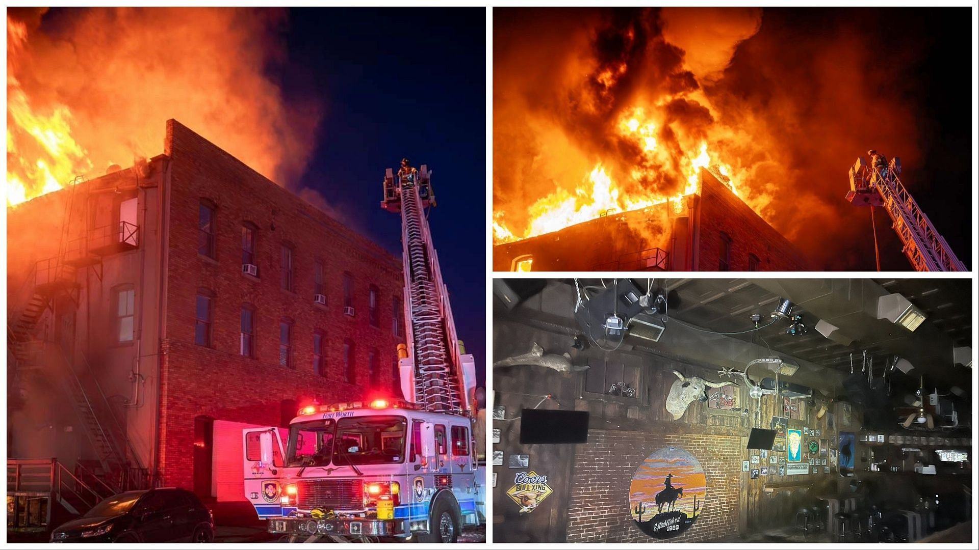 The historic Cantina Cadillac bar caught on fire on Saturday evening (Image via Twitter/@FortWorthFire, Facebook/Cantina Cadillac)