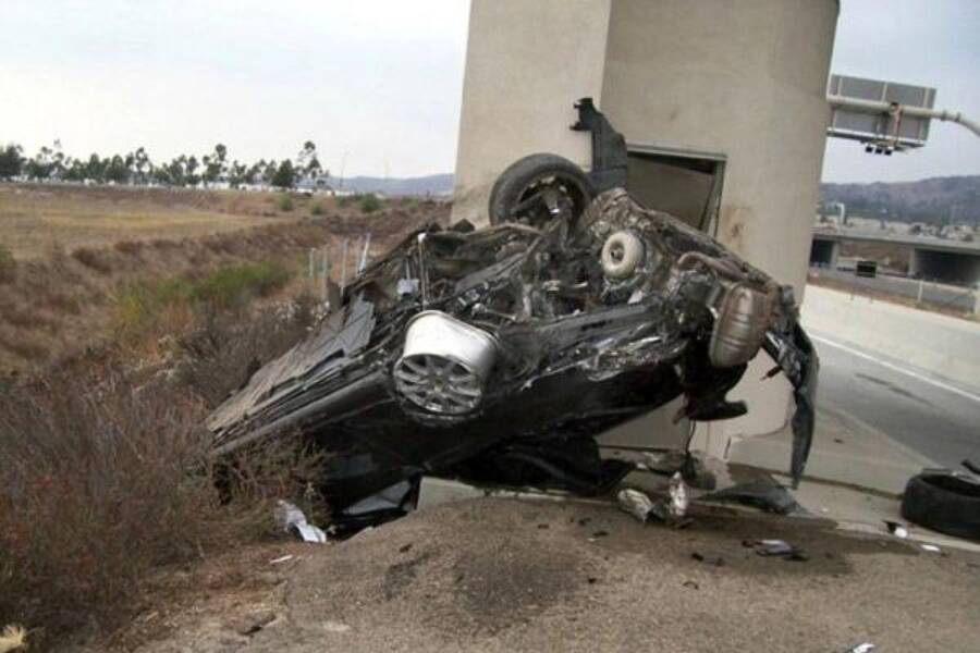 The crumpled Porsche Nikki Catsouras crashed on the highway. This is the only photo that doesn’t feature horrible amounts of gore.