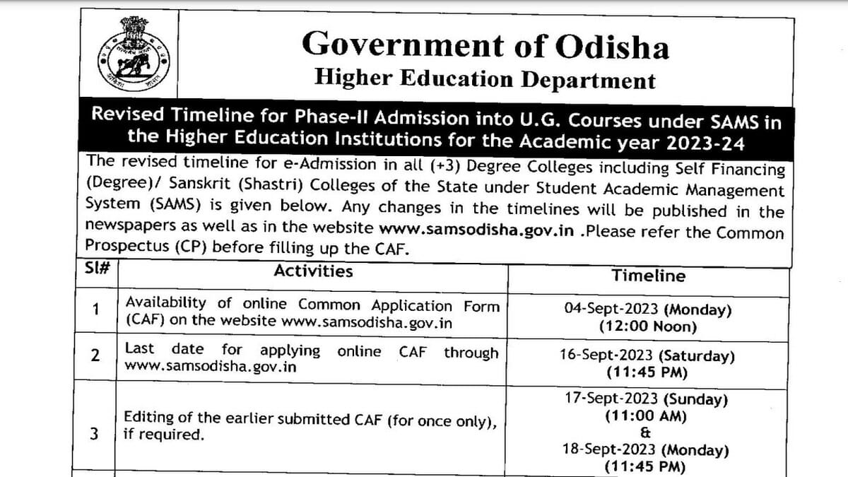 SAMS Odisha Phase 2 Dates 2023 Revised for UG Admission