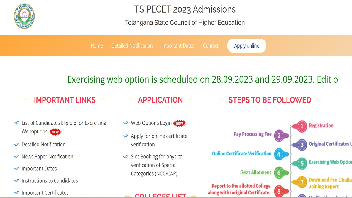 TS PECET 2023 web option entry for phase 1 begins