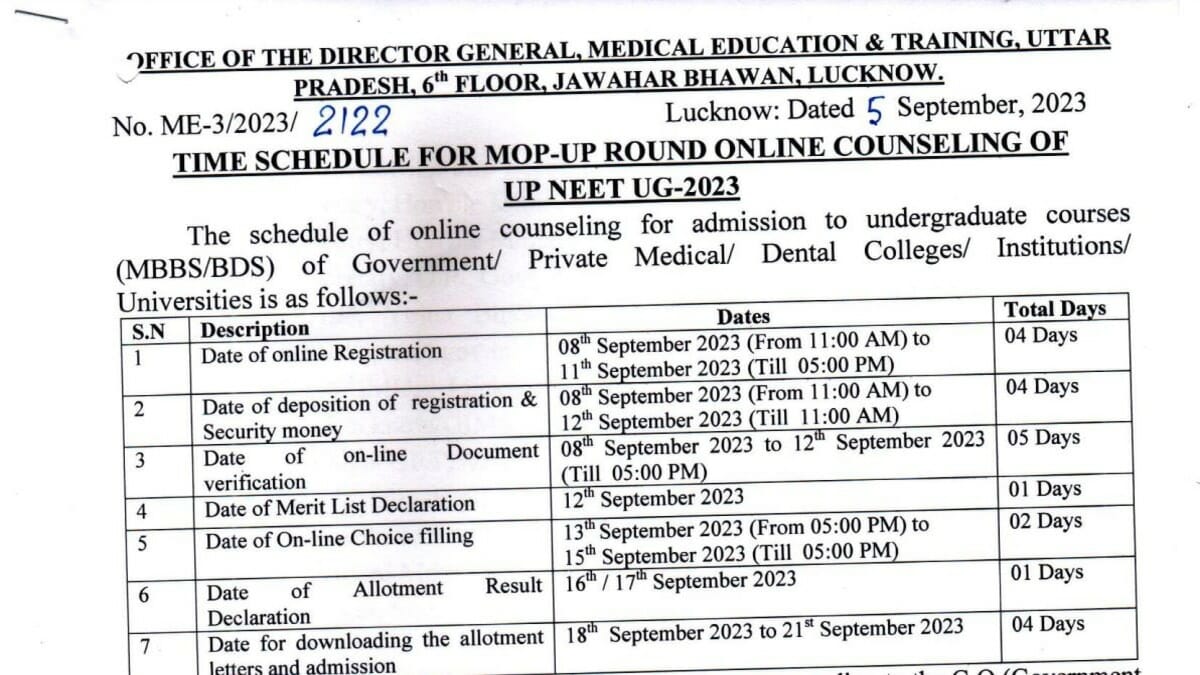 UP NEET UG counselling 2023 Mop Up Round Dates