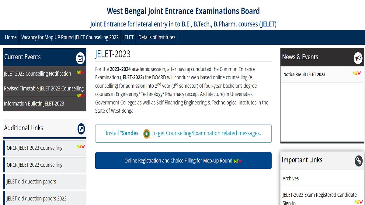 WBJEE JELET 2023 counselling mop-up round