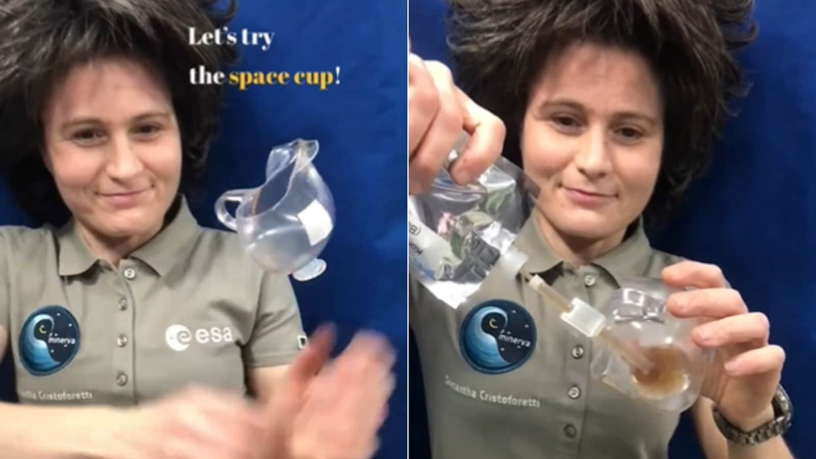 Astronaut pours coffee into a floating space cup, enjoys a sip. Watch