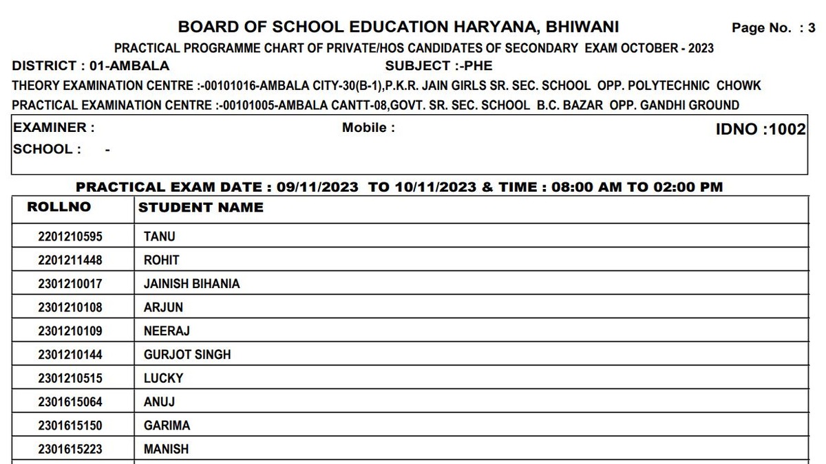 BSEH 10, 12 October Practical Exam 2023