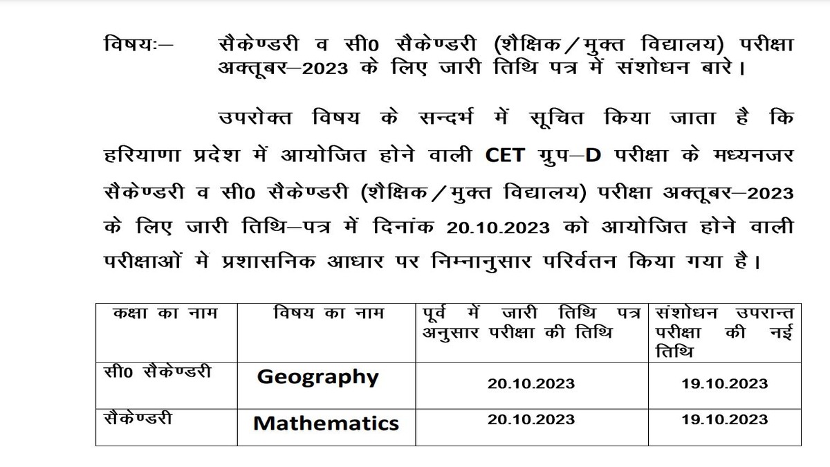 Haryana Board October Exam