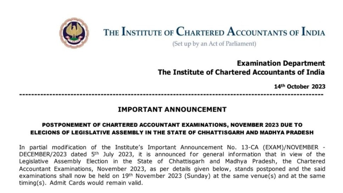 ICAI CA November 2023 Exam Date Revised