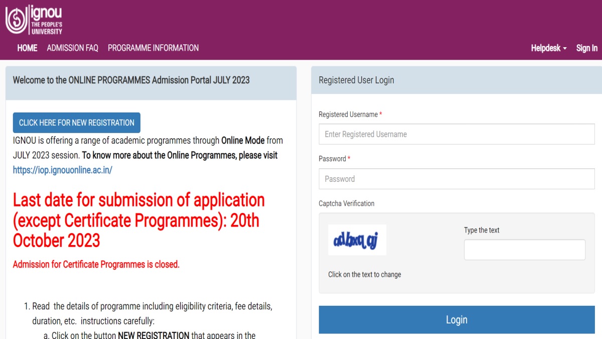 IGNOU July 2023 Registration lose tomorrow OCtober 20