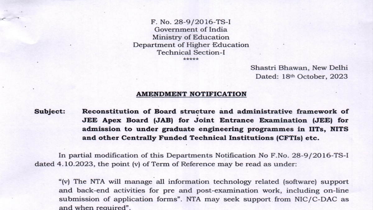 JEE Apex Board Reinstituted