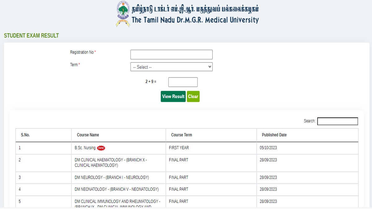 MGR University Results 2023