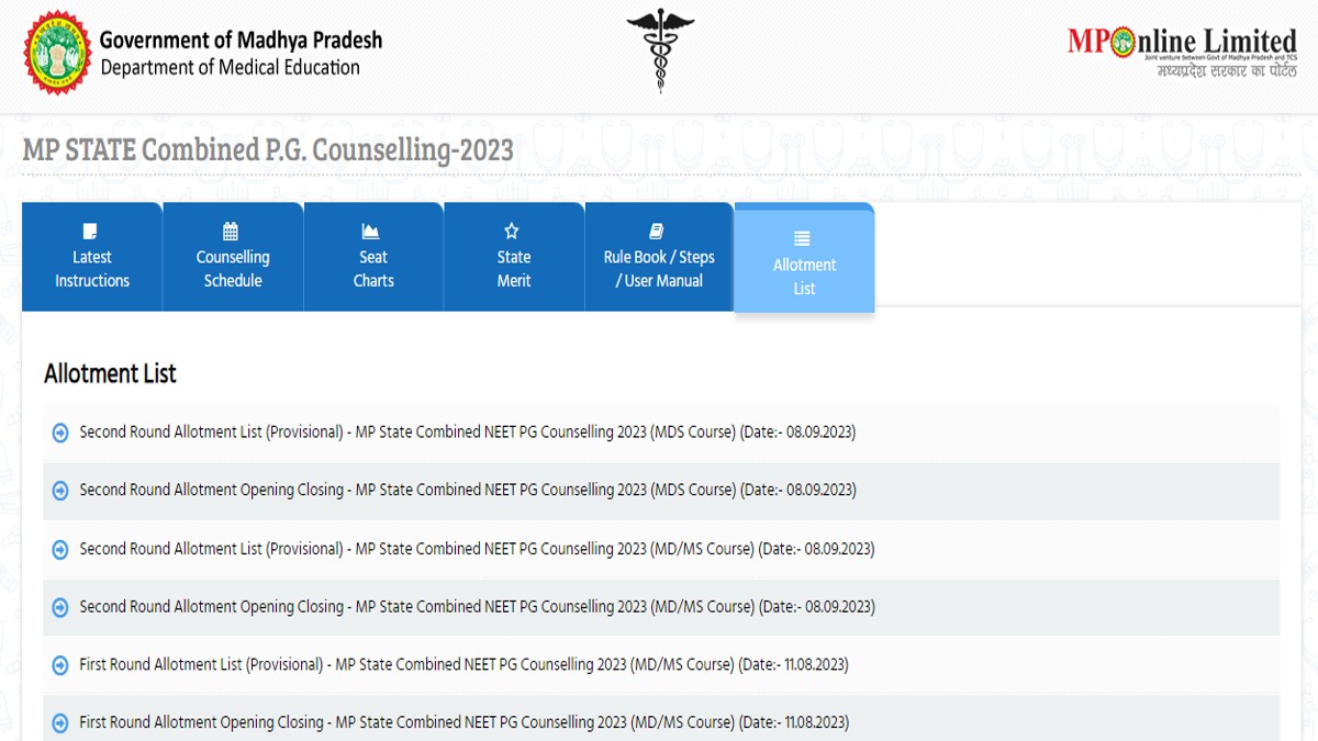 MP NEET PG Counselling 2023 Mop up Round Seat Allotment Result