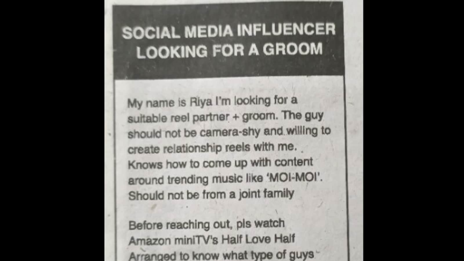 Matrimonial ad of influencer looking for ‘reel partner’ goes viral. See pic